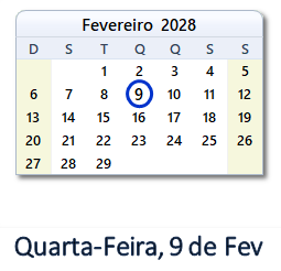 9 Fevereiro 2028 calendario
