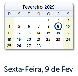 9 Fevereiro 2029 calendario