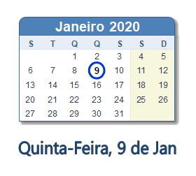 9 Janeiro 2020 calendario