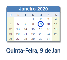 9 Janeiro 2020 calendario