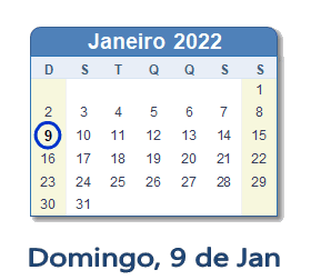 9 Janeiro 2022 calendario
