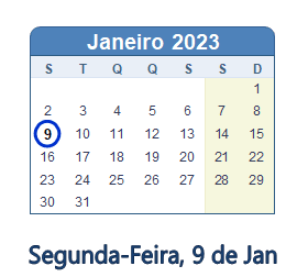 9 Janeiro 2023 calendario