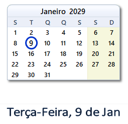 9 Janeiro 2029 calendario
