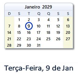 9 Janeiro 2029 calendario