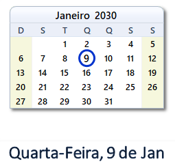 9 Janeiro 2030 calendario