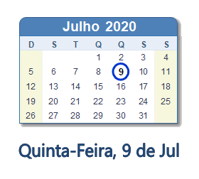 9 Julho 2020 calendario