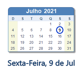 9 Julho 2021 calendario