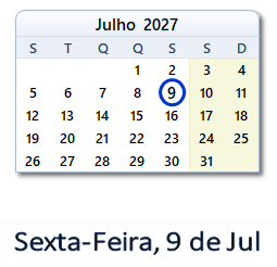 9 Julho 2027 calendario