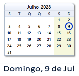 9 Julho 2028 calendario