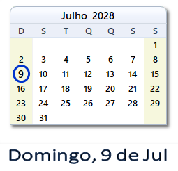9 Julho 2028 calendario