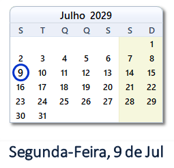 9 Julho 2029 calendario