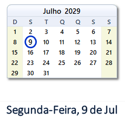 9 Julho 2029 calendario