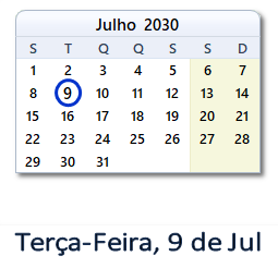 9 Julho 2030 calendario