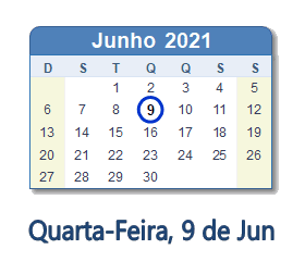 9 Junho 2021 calendario