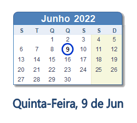 9 Junho 2022 calendario