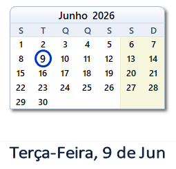 9 Junho 2026 calendario