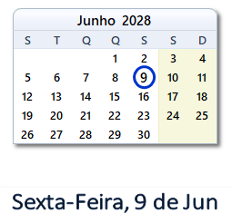 9 Junho 2028 calendario