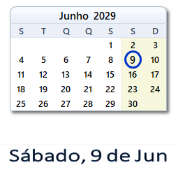 9 Junho 2029 calendario