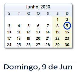 9 Junho 2030 calendario