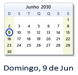 9 Junho 2030 calendario