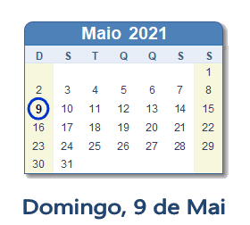 9 Maio 2021 calendario