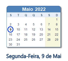 9 Maio 2022 calendario