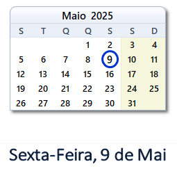 9 Maio 2025 calendario