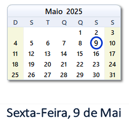 9 Maio 2025 calendario
