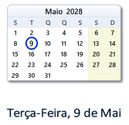 9 Maio 2028 calendario