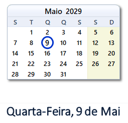 9 Maio 2029 calendario