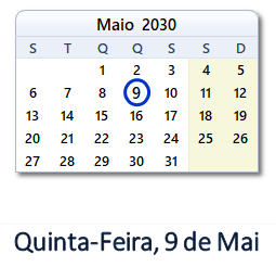 9 Maio 2030 calendario