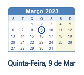 9 Março 2023 calendario