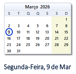 9 Março 2026 calendario