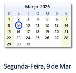 9 Março 2026 calendario