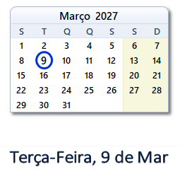 9 Março 2027 calendario