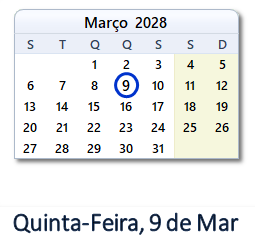 9 Março 2028 calendario