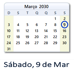 9 Março 2030 calendario