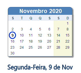 9 Novembro 2020 calendario