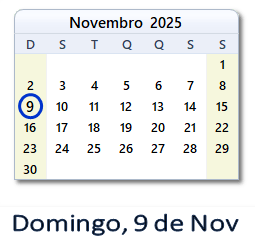 9 Novembro 2025 calendario