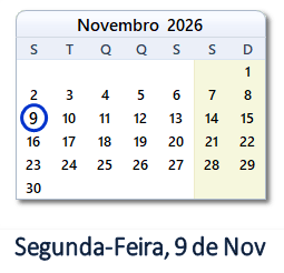 9 Novembro 2026 calendario