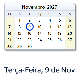 9 Novembro 2027 calendario