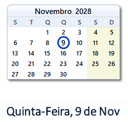 9 Novembro 2028 calendario