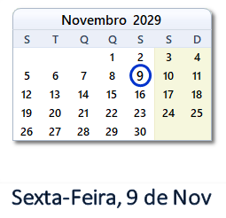9 Novembro 2029 calendario