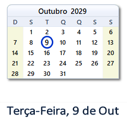 9 Outubro 2029 calendario