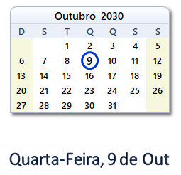 9 Outubro 2030 calendario