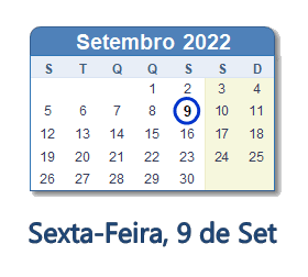 9 Setembro 2022 calendario
