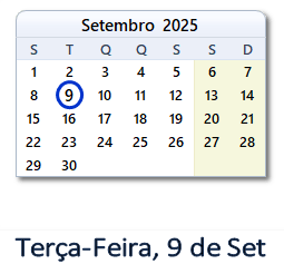 9 Setembro 2025 calendario