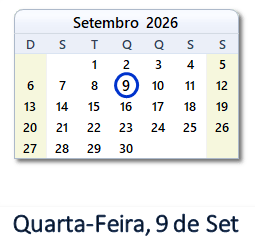 9 Setembro 2026 calendario