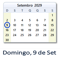 9 Setembro 2029 calendario