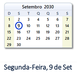 9 Setembro 2030 calendario
